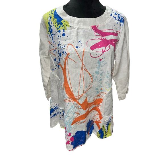 Ali Meyers Scoop Neck Tunic Top Linen Fun Colorful M artsy Lagenlook quirky - Picture 1 of 10
